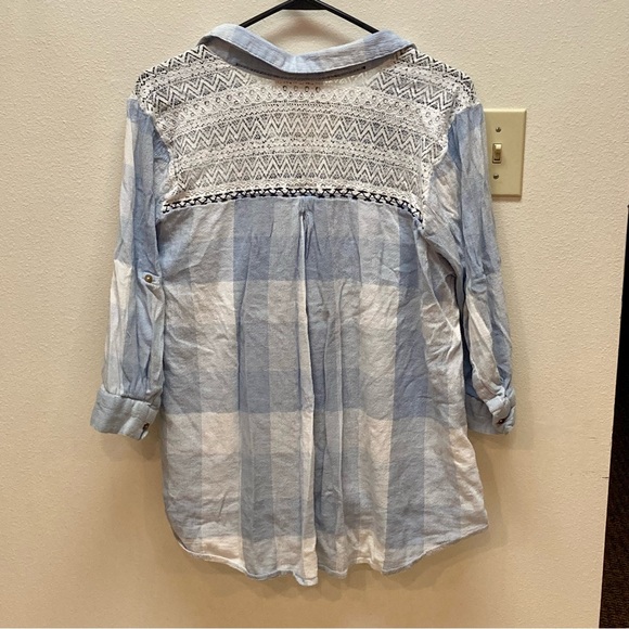 Vintage America Blues Striped Plaid Lace Chambray Button Wrapped Blouse Size 1X - Picture 8 of 11